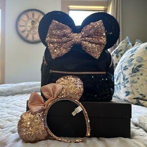 Minnie mouse rose gold and black sequin backpack and rose gold Minnie mouse ears